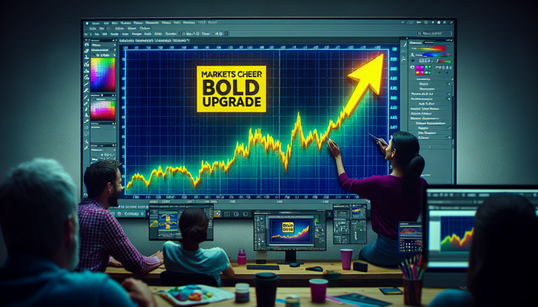 alt_text: Stock chart showing a surge, with "Currys" and "Markets Cheer Bold Upgrade" captions.