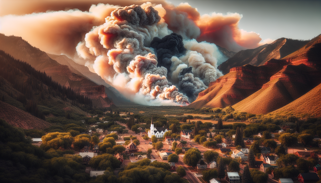 alt_text: Smoke rises from a Utah wildfire threatening a small town, set against a mountainous backdrop.