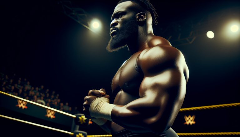 alt_text: WWE NXT Live: Oba Femi faces a challenging title match, showcasing his towering strength.
