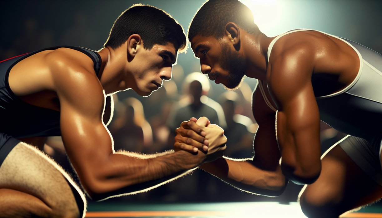 alt_text: Two wrestlers in intense competition, one overcoming challenges, symbolizing redemption.