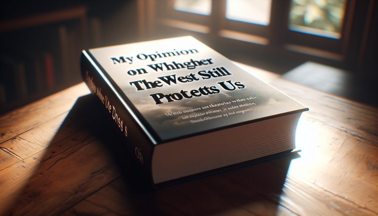 alt_text: A book titled "My Opinion on Whether the West Still Protects Us" on a wooden table.