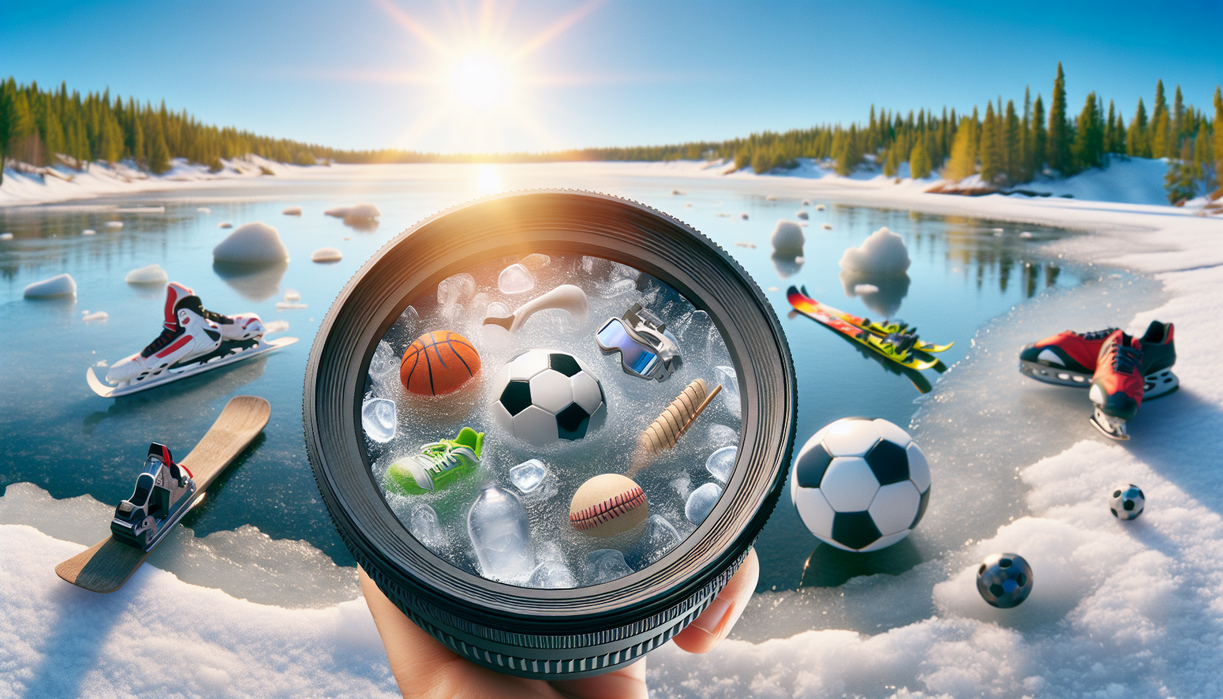 alt_text: A sunny landscape showing melting ice with sports equipment embedded, symbolizing climate change impacts.