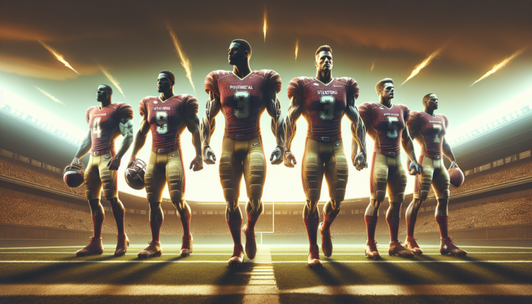 alt_text: USC football players in formation, offensive line ready for a play on the field.