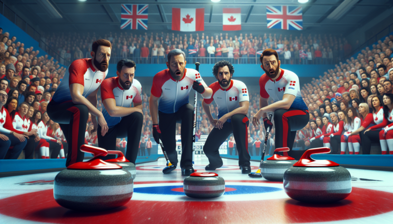 alt_text: "A curling match in progress capturing sweeping action and intense player focus on the ice."