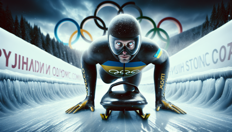 alt_text: Olympic symbol on ice with protest signs around, highlighting free speech issues at the Games.