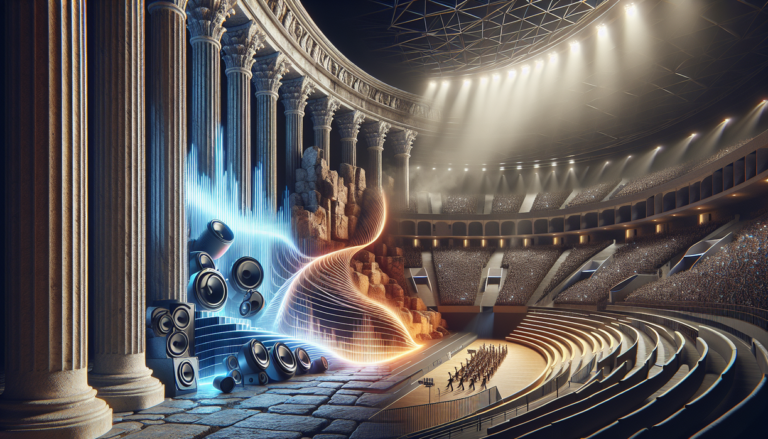 alt_text: Ancient arena with modern sound equipment set for a futuristic music news story.