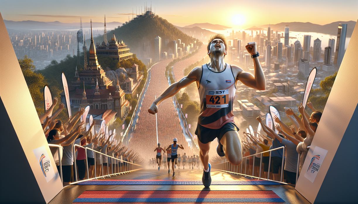 alt_text: Runners sprint to the finish line in a close race at a Los Angeles track event.